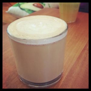 Vegan pumpkin spice latte with organic maple syrup  at Rhythm & Beets Juice Cafe in New York City