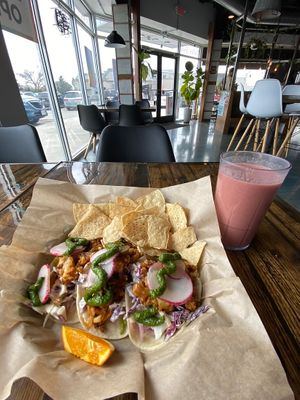 Cauliflower street tacos and strawberry mojito smoothie at Urban Beets Cafe & Juicery in Wauwatosa