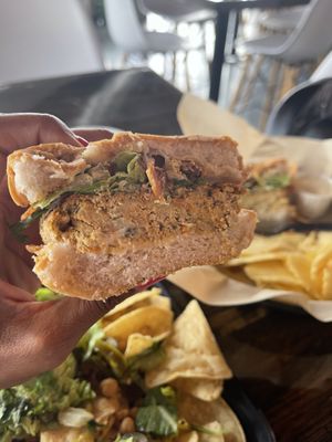 Inside the Chickyn Sándwich w coconut bacon  at Urban Beets Cafe & Juicery in Wauwatosa