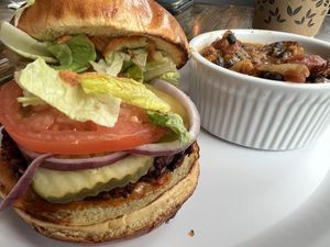 Classic Beet Burger w/ black bean and sweet potato chile   at Urban Beets Cafe & Juicery in Wauwatosa