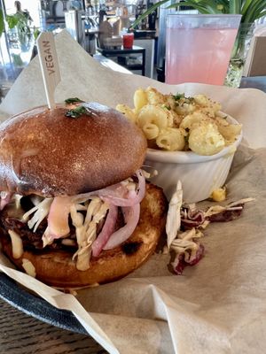 Thai Peanut Burger (yum!!!) w/ MacNChz and Watermelon Lemonade    at Urban Beets Cafe & Juicery in Wauwatosa