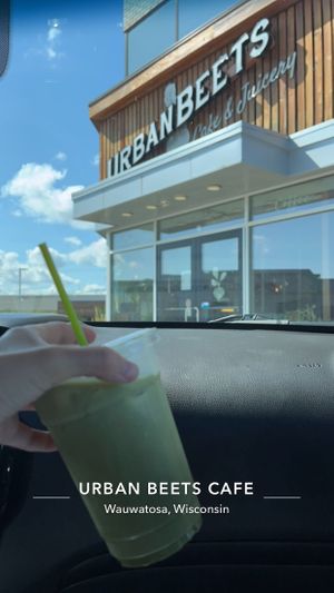 Matcha latte and the front of their shop  at Urban Beets Cafe & Juicery in Wauwatosa