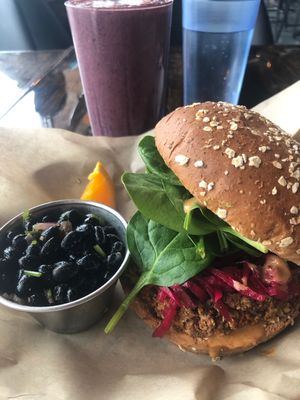 Thai Peanut Burger and Blue Maca Smoothie at Urban Beets Cafe & Juicery in Wauwatosa