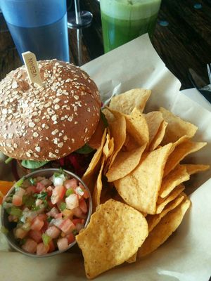 Thai burger with chips and pico at Urban Beets Cafe & Juicery in Wauwatosa