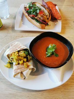 Red pepper soup - wasn't a fan as it was very sweet. Curried chickpea wrap was lovely at Indigo Greens in Liverpool