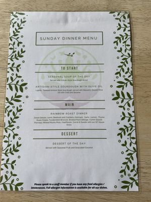 Sunday dinner menu (April 2022)   at Indigo Greens in Liverpool