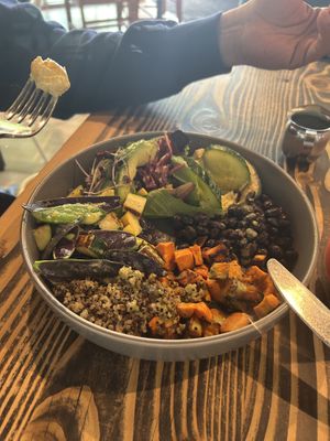 Vegan bowl was tasty 😋 ( the pancakes were delicious too but we inhale them so there isn’t a picture)   at Chula Eatery in La Quinta