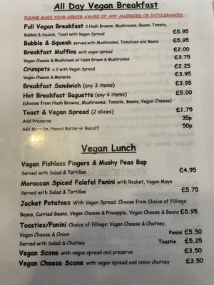 Vegan menu at That Little Tea Shop in Romsey