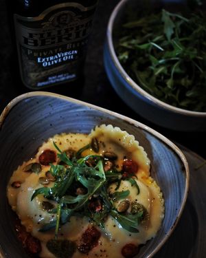 Fresh lentil-filled homemade ravioli at Heathen Vegan Gourmet in Kendal