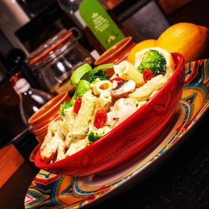 Rigatoni in a creamy zesty wow basil sauce at Heathen Vegan Gourmet in Kendal