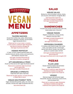 2020 Menu at Alexander's Tavern in Baltimore