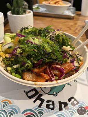 Felt full afterwards. Tasted great. I started with rice and skipped the protein and added edamame. Lots of great things to add to the bowl    at Ohana Poke & Sushi Burrito in New Braunfels