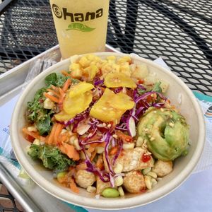 Tofu Poké Bowl and Passion Peach Slushie  at Ohana Poke & Sushi Burrito in New Braunfels