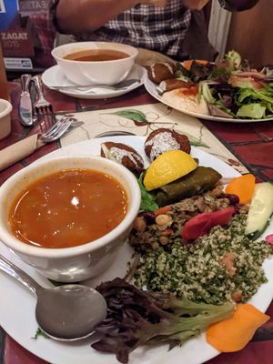 Vegan platter with the soup of the day at La Mediterranee in San Francisco