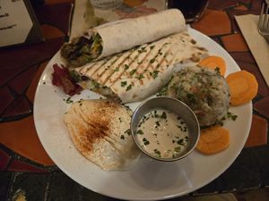 Vegan shawarma with potato salad and hummus at La Mediterranee in San Francisco