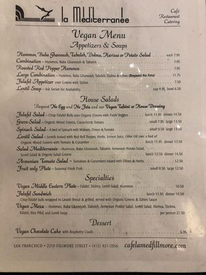 Vegan menu at La Mediterranee in San Francisco