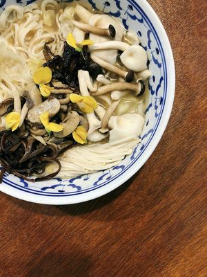 Mushroom noodle soup with fried shallots. Yum! at Mill in Bangkok