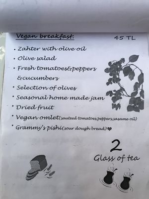 Vegan breakfast menu at Dudu Mutfak in Kas