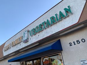 The sign says vegetarian, but all their food is vegan at Happy Family - San Bernardino in San Bernardino