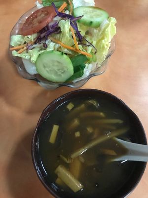 Hot sour soup and salad at Happy Family - San Bernardino in San Bernardino