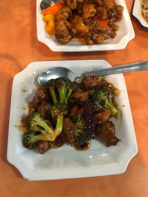 soy chicken nuggets w/ orange peel sauce and broccoli lunch special - comes with veggie spring roll and rice - 7/10 because it could’ve been zestier  at Happy Family - San Bernardino in San Bernardino