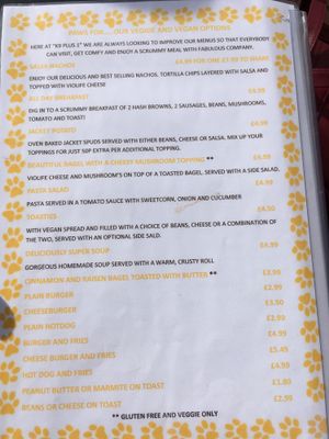 Vegan menu on back page of regular menu at K9 Plus 1 Cafe in Barry