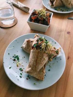 Jackfruit wrap with butternut squash wedges at Vital Cafe in Leeds