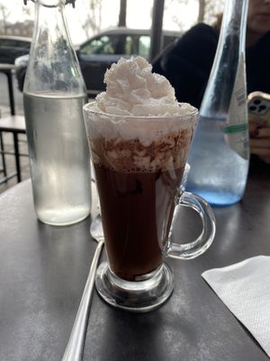 Vegan hot chocolate and whipped cream   at Coffee Crepes in Paris