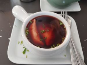 Borscht with cheese filled perogies. Super flavorful and delicious. All vegan $10 at My Tiny Cupboard Fauxmagerie in Wakefield