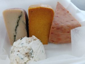 Variety cheese pack: Blue Sea Cheese, Cheddar, chili cayaene cheese, flavored cream cheese. All 50 grams: $20.00 So worth it. Owner said the cheese age about 1 month at My Tiny Cupboard Fauxmagerie in Wakefield