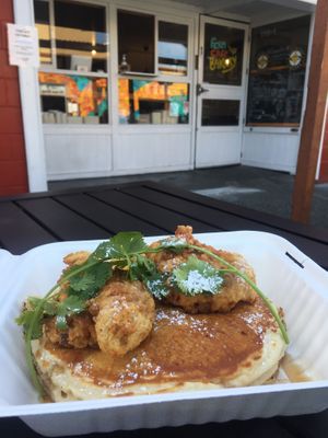 My second visit  Pretend chicken (I would bet house made) on pancakes with chipotle infused maple syrup. Yum! at Fern Cafe and Bakery in Victoria