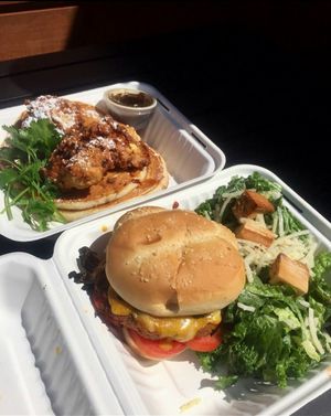 Fern Vegan Pancakes n Fried Chickun with chipotle maple syrup + Cheeseburger and Caesar Salad at Fern Cafe and Bakery in Victoria