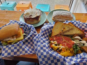 Big Bad Breakfast Sandwich, tofu scramble, Cinnamon bun and rhubarb flakey at Fern Cafe and Bakery in Victoria