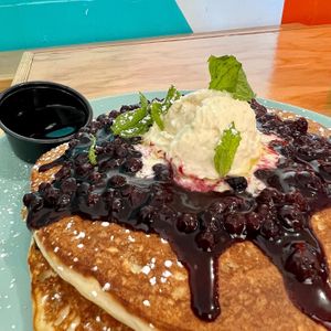 BUTTERMILK PANCAKES $12.75
A double stack of our fluffy pancakes topped with blueberry compote, real maple syrup, and vanilla icing
Allergens (gluten, may contain soy)       at Fern Cafe and Bakery in Victoria
