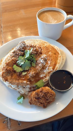 Chickn & super fluffy pancakes   at Fern Cafe and Bakery in Victoria