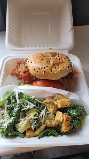 Buffalo chicken burger, kale caesar salad at Fern Cafe and Bakery in Victoria