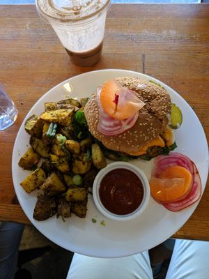 Cheese burger with hashbrowns and a chocolate smoothie at Fern Cafe and Bakery in Victoria