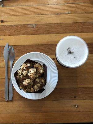 Blueberry raspberry oatmeal muffin and lavender London fog at Fern Cafe and Bakery in Victoria