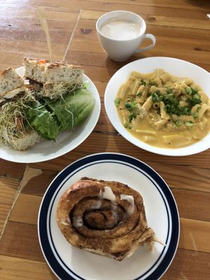 Veggie deluxe sandwich, Mac and cheese and a cinnamon bun  at Fern Cafe and Bakery in Victoria