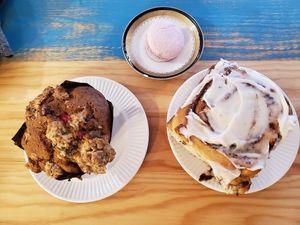 Gluten free muffin, raspberry macaroon and cinnamon roll. at Fern Cafe and Bakery in Victoria