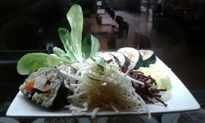 Norimaki big roll: all organic brown ? rice, tofu, vegetables 
Japanese organic products on sale at the restaurant boutique same adress next door at Grand Appetit Store in Paris