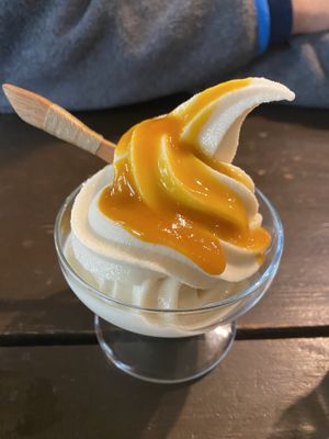 Soft ice cream (soy based) with mango sauce  at Ramuna in Nara