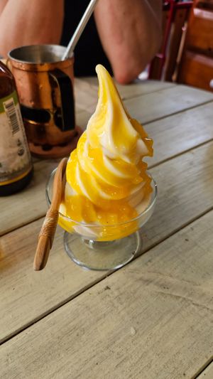 Vegan ice cream with mango sauce at Ramuna in Nara