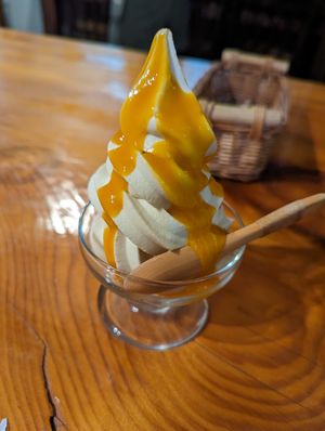 Soft served ice-cream with mango sauce at Ramuna in Nara