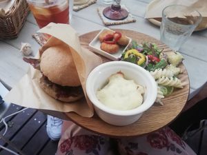 Burger with soy milk gratin, green salad and tofu nuggets. Comes with a drink for 900¥ at Ramuna in Nara