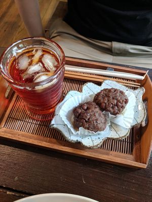 homemade iced tea and rice-based dessert with sweet red bean paste. at Ramuna in Nara