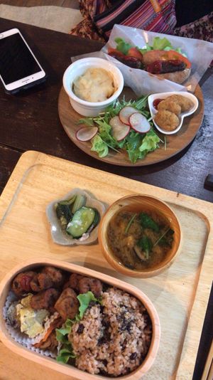 Top: hot dog with soy nuggets and gratin. Bottom: bento box with miso soup at Ramuna in Nara