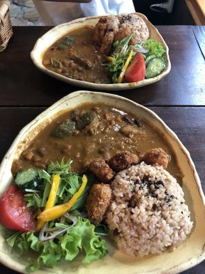 Curry Set (Curry, side of salad, fermented rice with organic beans and soy nuggets) at Ramuna in Nara
