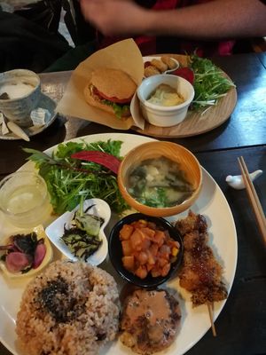 Brown rice set and hamburger plate at Ramuna in Nara