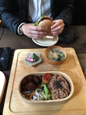 Bento box and burger  at Ramuna in Nara